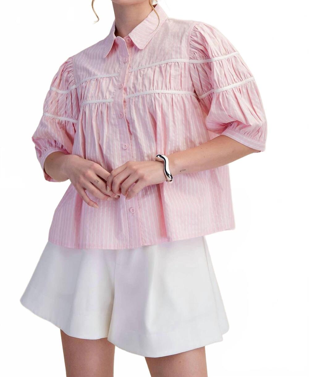 NEW GLAM puff sleeve contrast detail stripe shirt top in pink